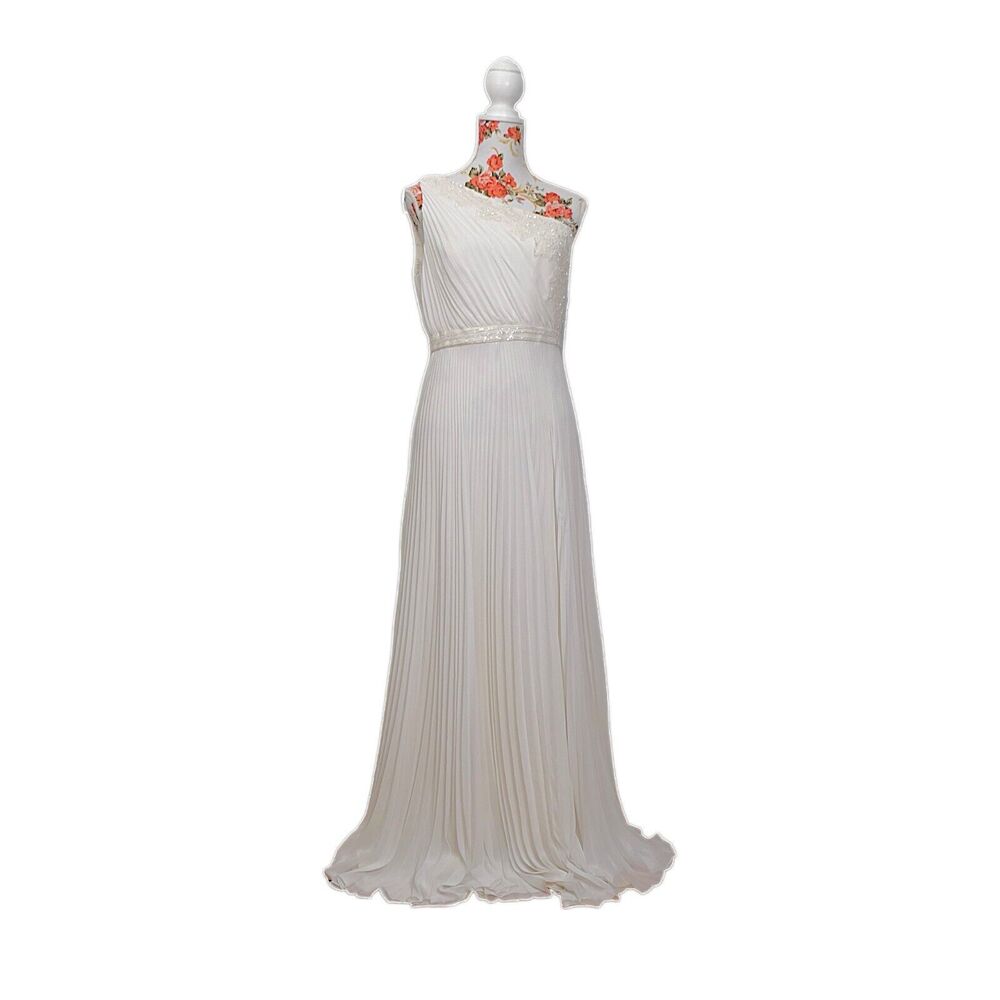 NWT Carmen Marc Valvo Sz 8 Gown Ivory Beaded Formal One Shoulder Dress Maxi